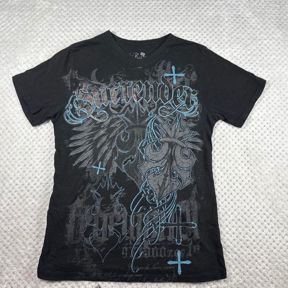 Raw Uncut Y2K Grunge Emo Punk Cross Surrender Tee Womens Large